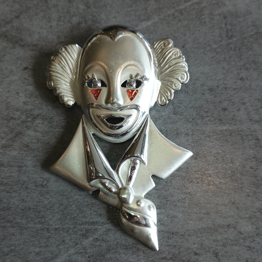 Vintage Clown Brooch Pin Classic Circus Happy Enamel Matte Silver Tone Estate